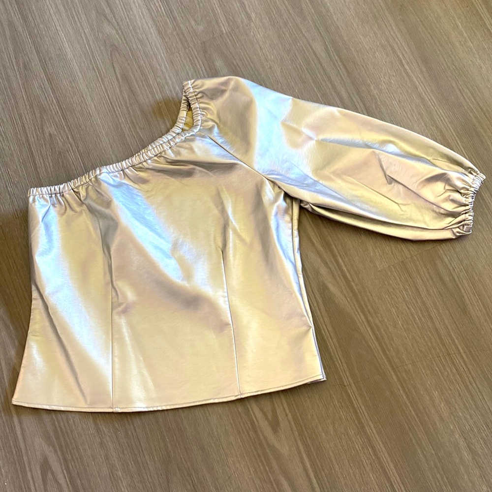 INC large, one shoulder, faux leather, silver top